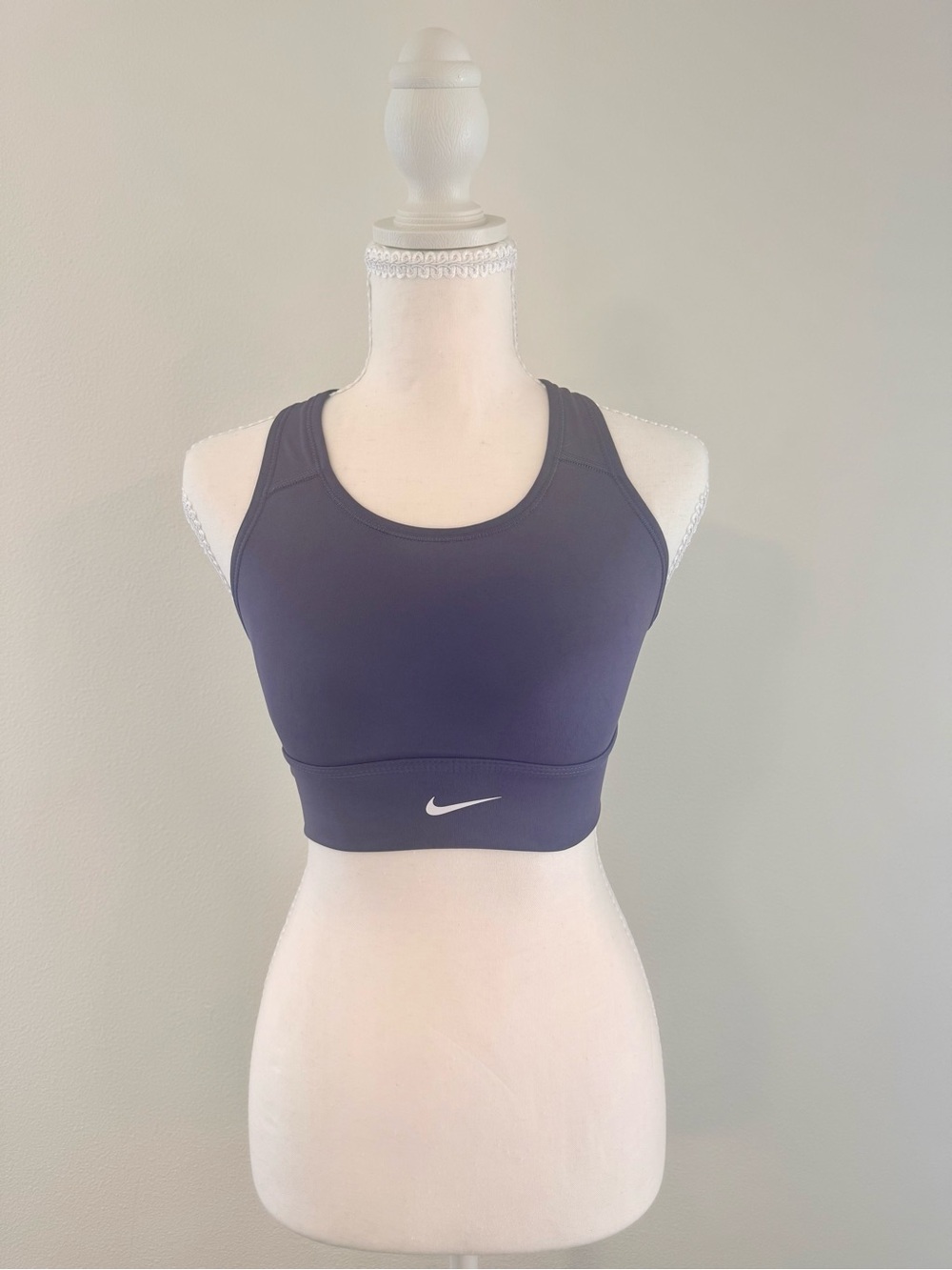 Nike Women's Dark Purple Racerback Sports Bra with White Swoosh
